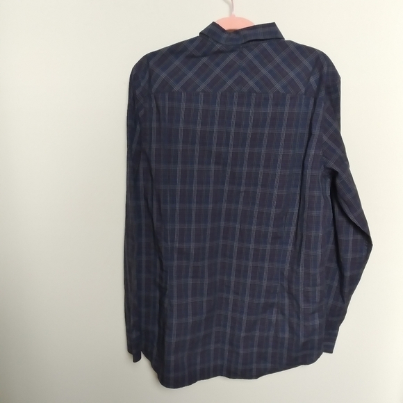 Calvin Klein Men's Dark Blue Red and Green Checked Plaid Button Front Shirt - Picture 2 of 8